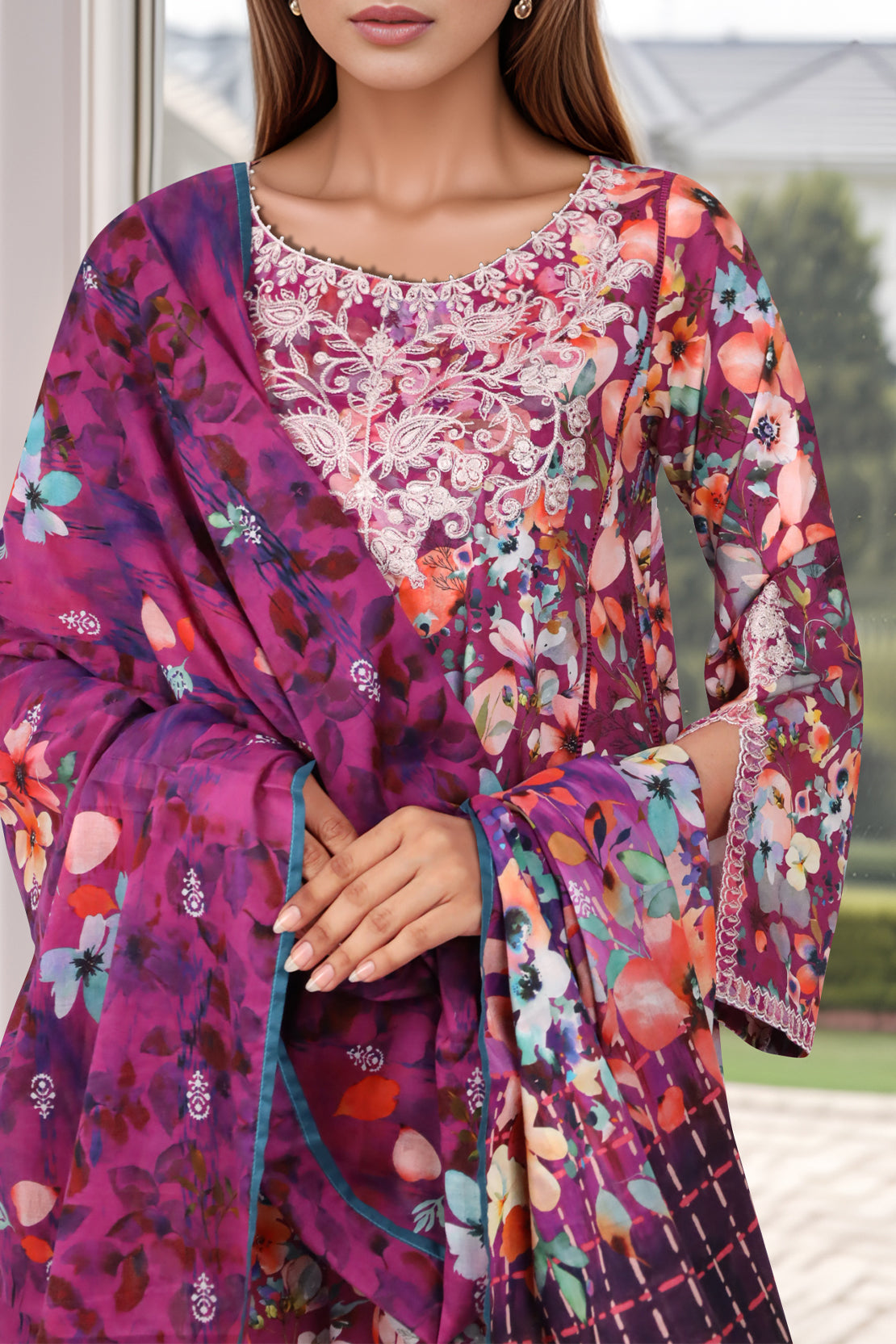 Unstitched Embroidered Self Jacquard 3 Piece With Chiffon Dupatta