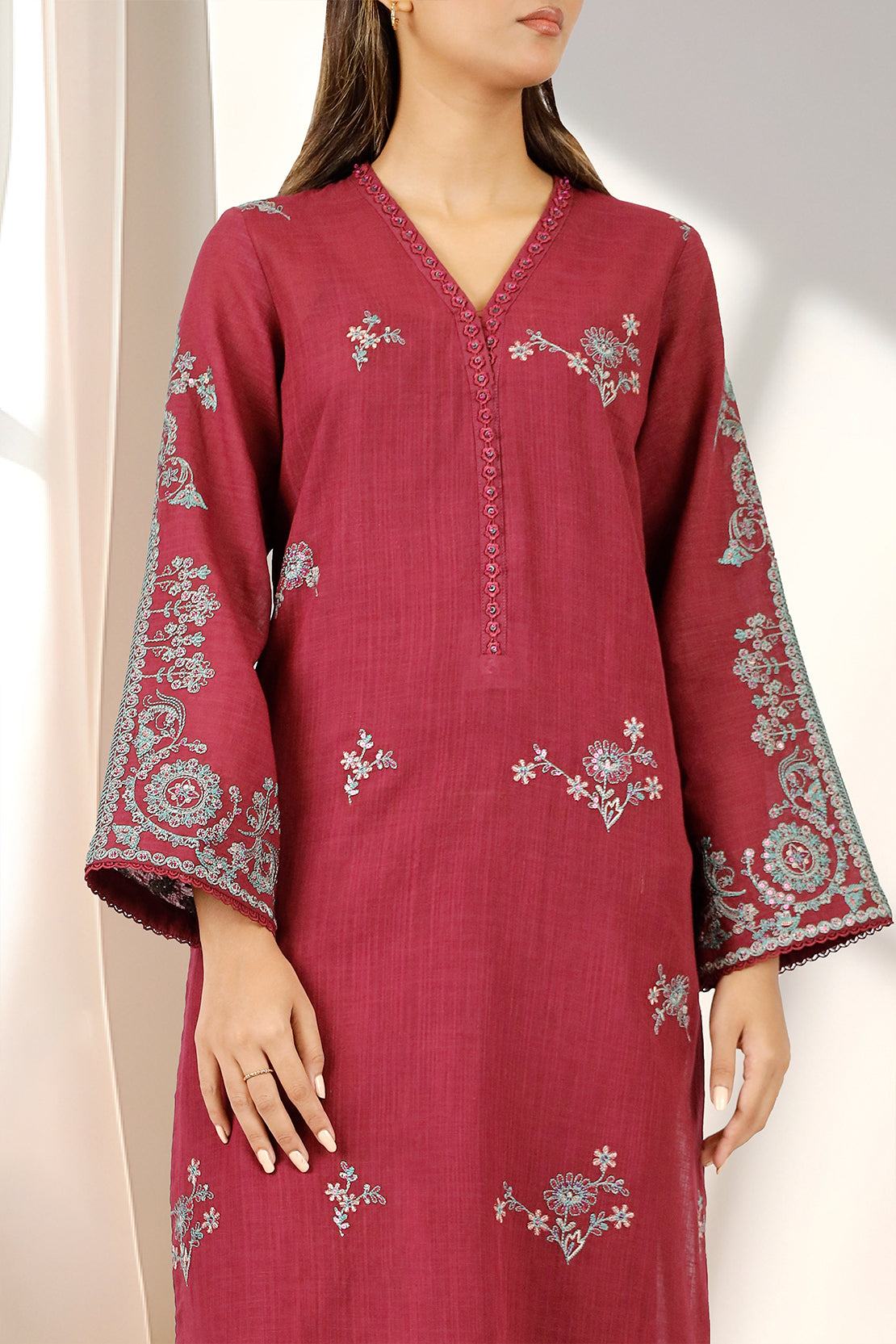 Unstitched Solid Embroidered Cotton Khaddar 2 Piece (Shirt/Trouser)