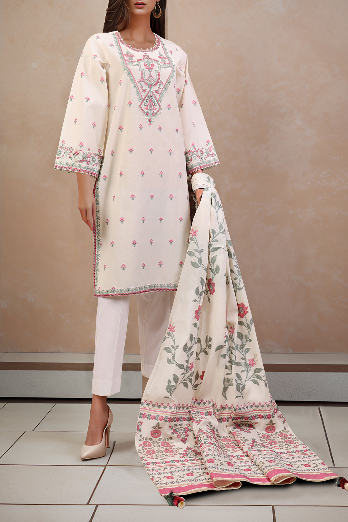 Unstitched Jacquard Cotton Embroidered 2 Piece (Shirt/Dupatta)