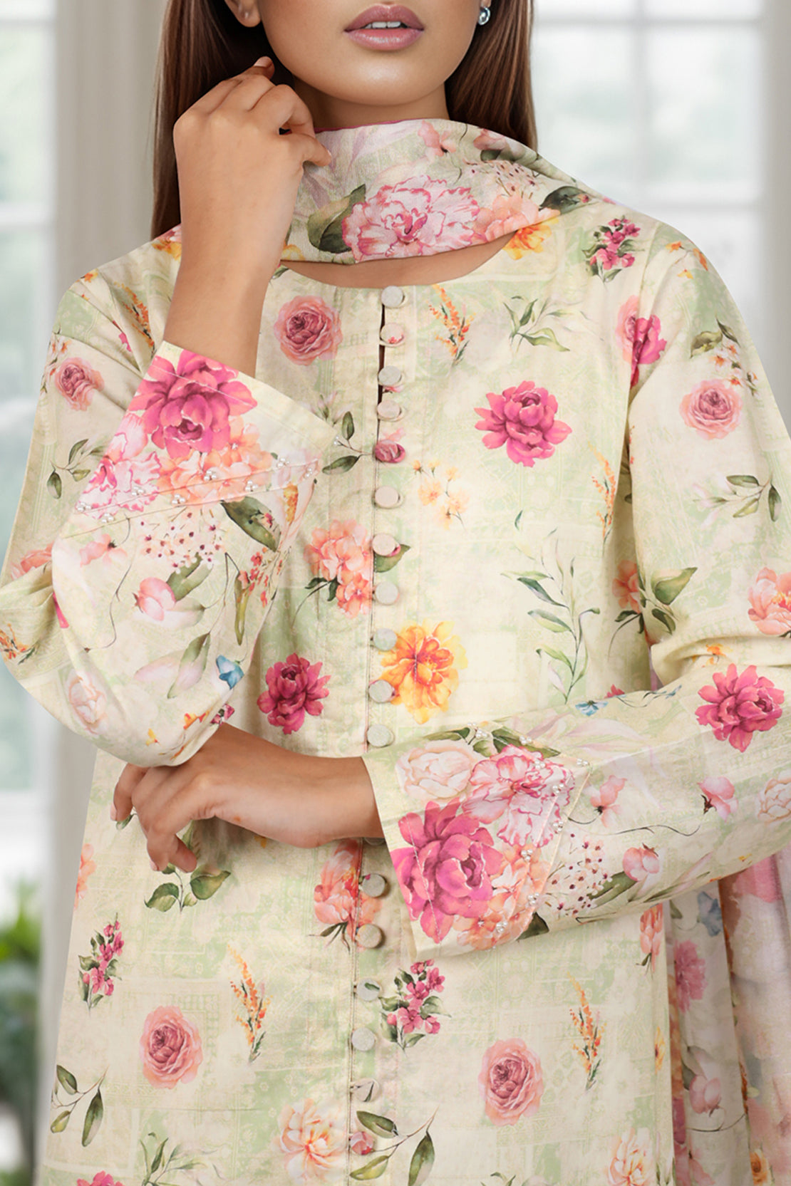 Unstitched Printed Self Jacquard 2 Piece(Shirt/Dupatta)