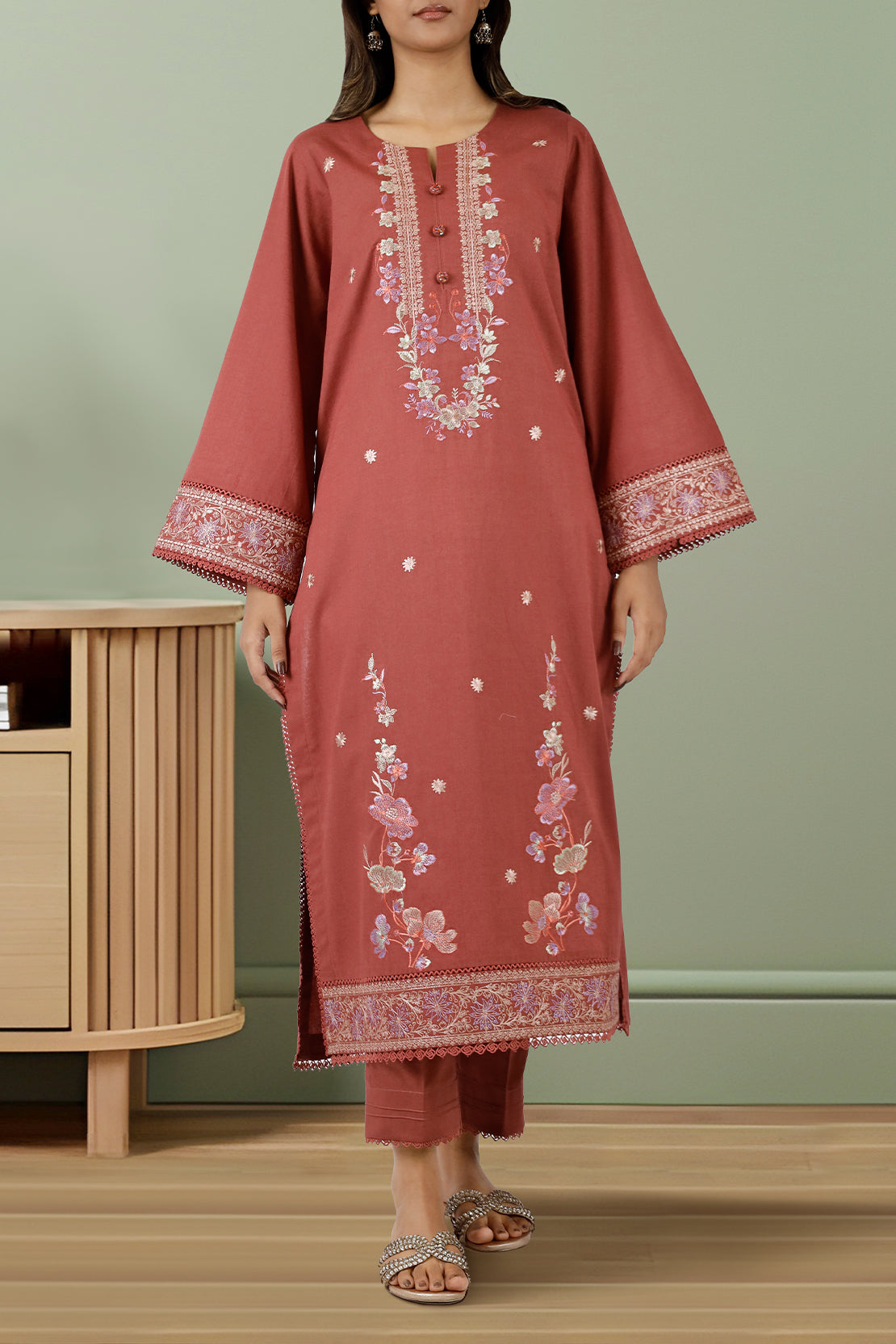 Unstitched Embroidered Cotton Khaddar 2 Piece (Shirt/Trouser)