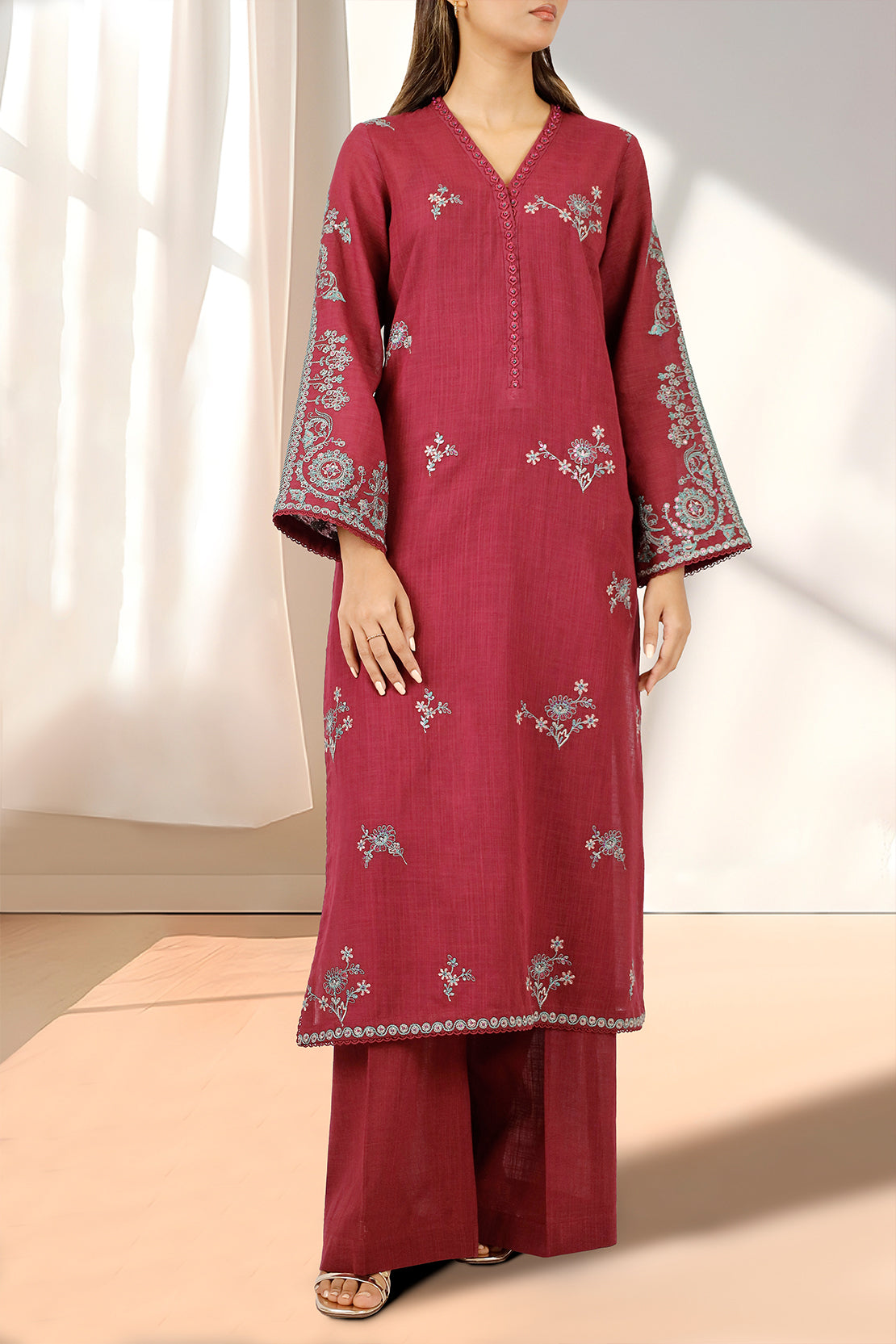 Unstitched Solid Embroidered Cotton Khaddar 2 Piece (Shirt/Trouser)