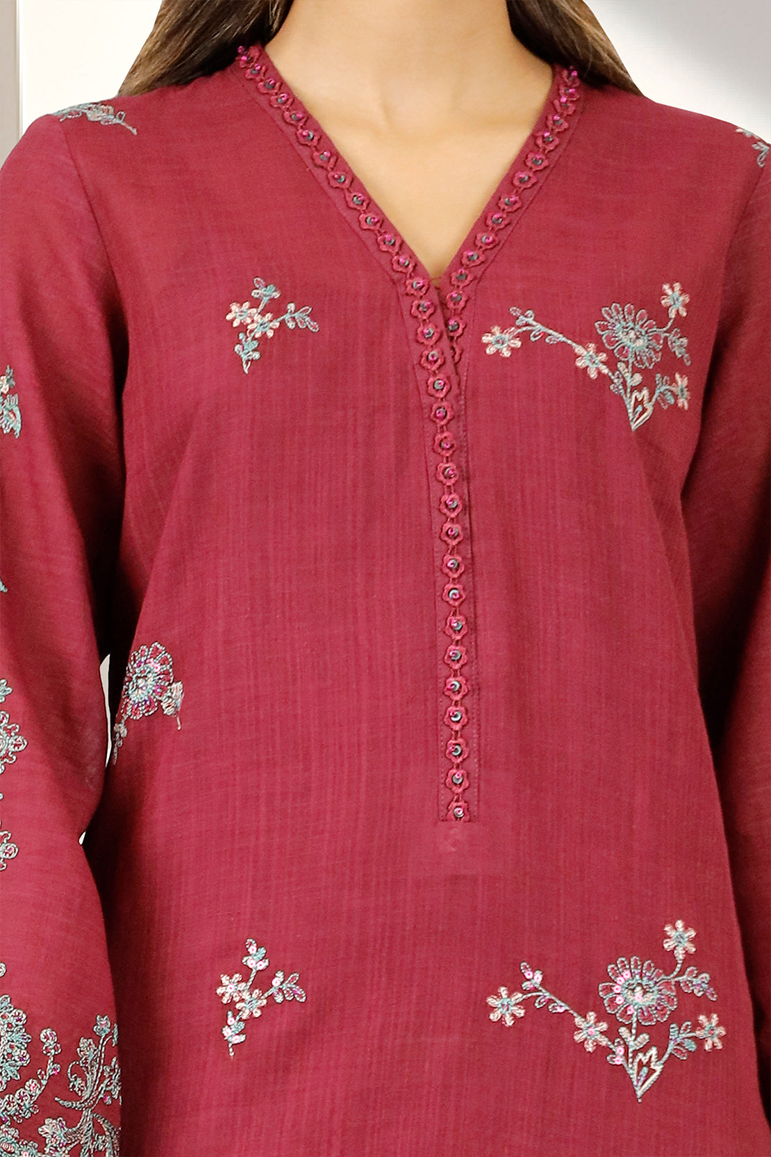 Unstitched Solid Embroidered Cotton Khaddar 2 Piece (Shirt/Trouser)