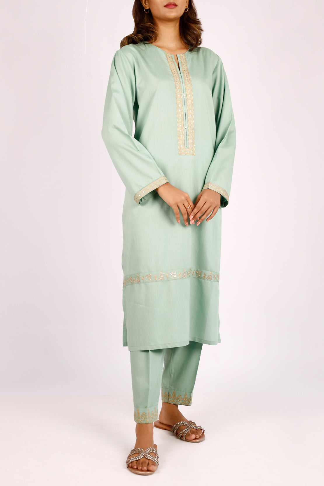 Solid Embroidered Cotton Stitched 2 Piece (Shirt/Trouser)
