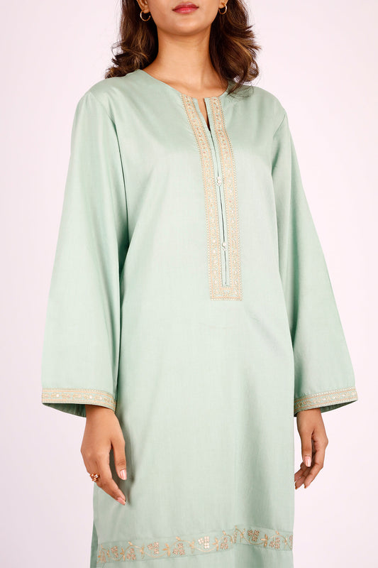 Solid Embroidered Cotton Stitched 2 Piece (Shirt/Trouser)