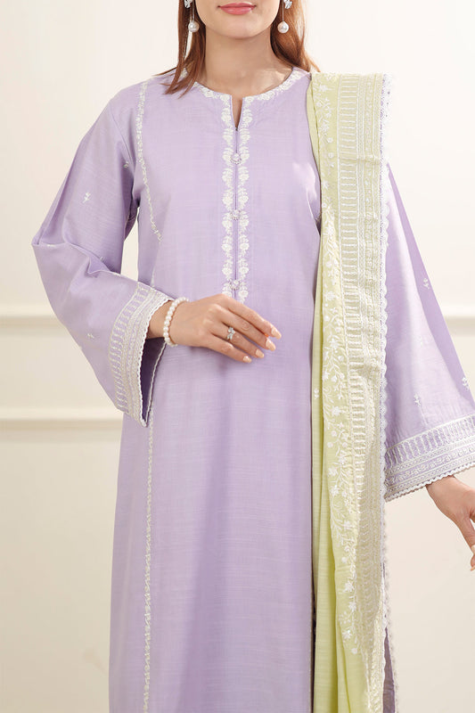 Solid Embroidered Cotton Viscose Stitched 3 Piece