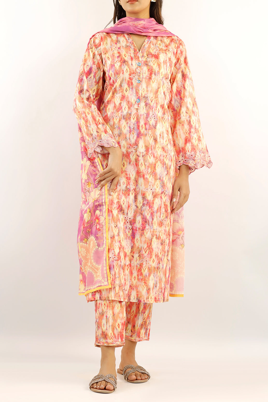 Printed Embroidered Cotton Jacquard Stitched 3 Piece