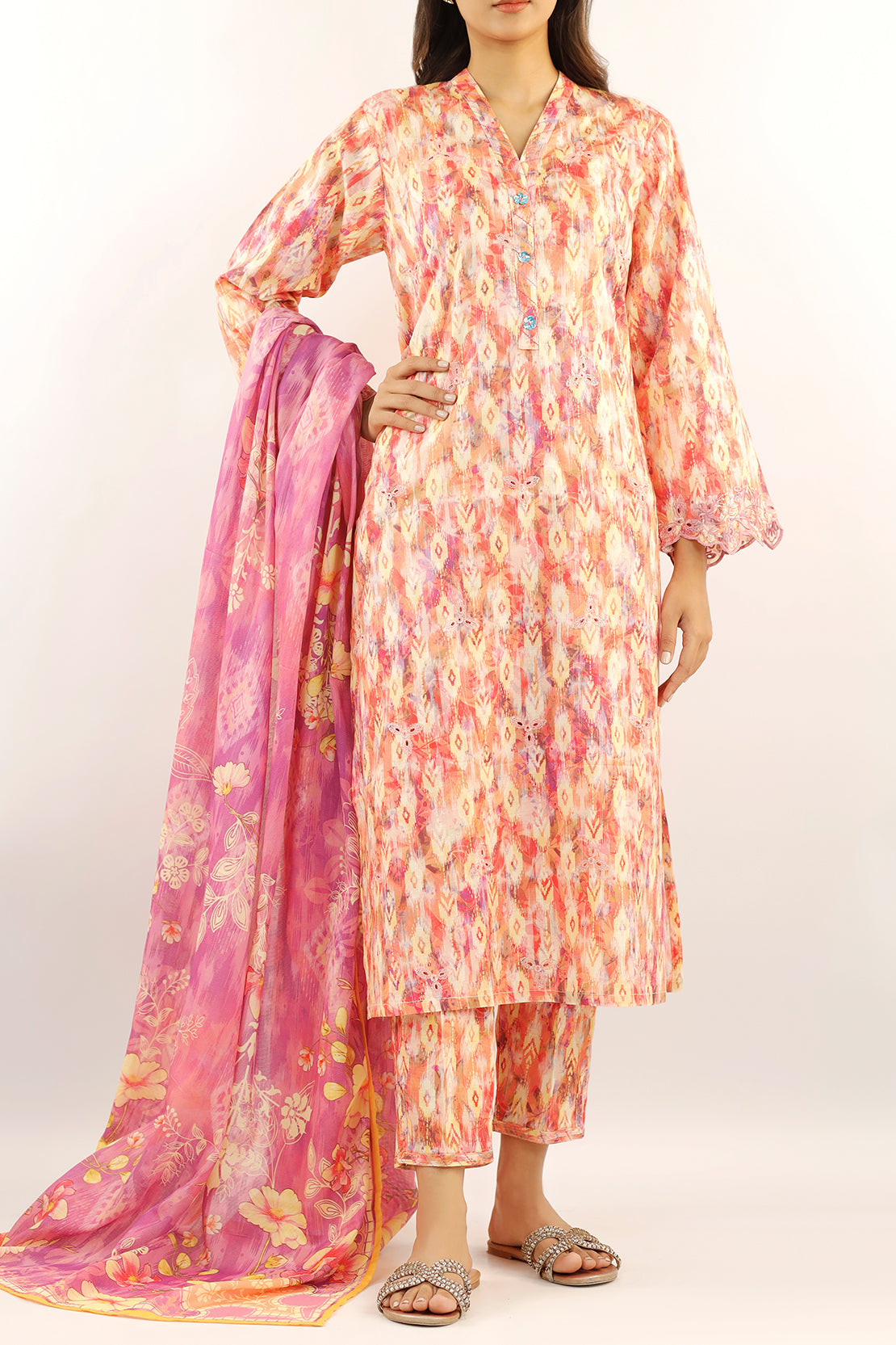 Printed Embroidered Cotton Jacquard Stitched 3 Piece