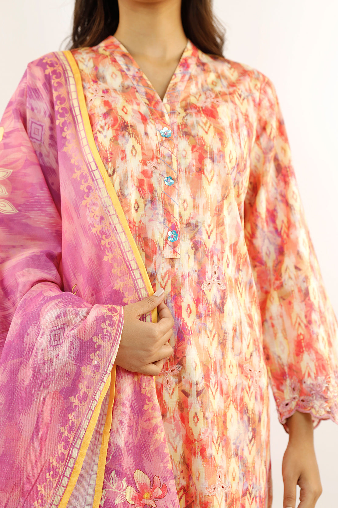 Printed Embroidered Cotton Jacquard Stitched 3 Piece