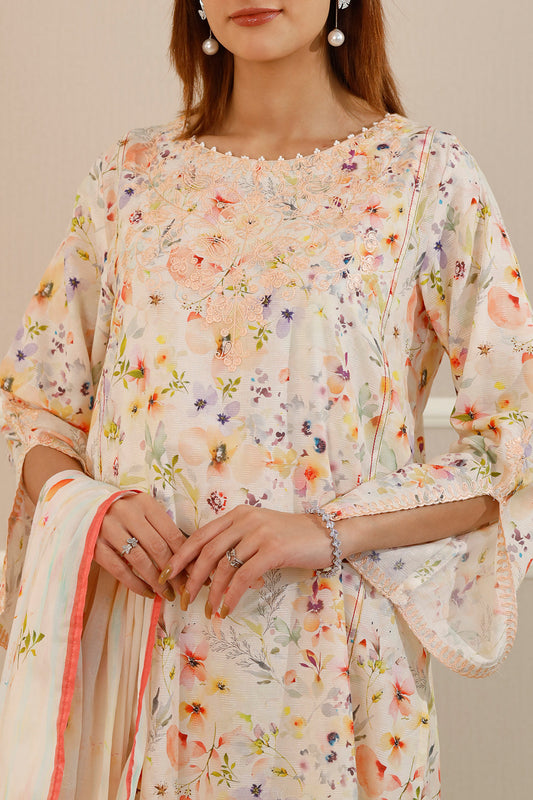 Printed Embroidered Cotton Jacquard Stitched 3 Piece