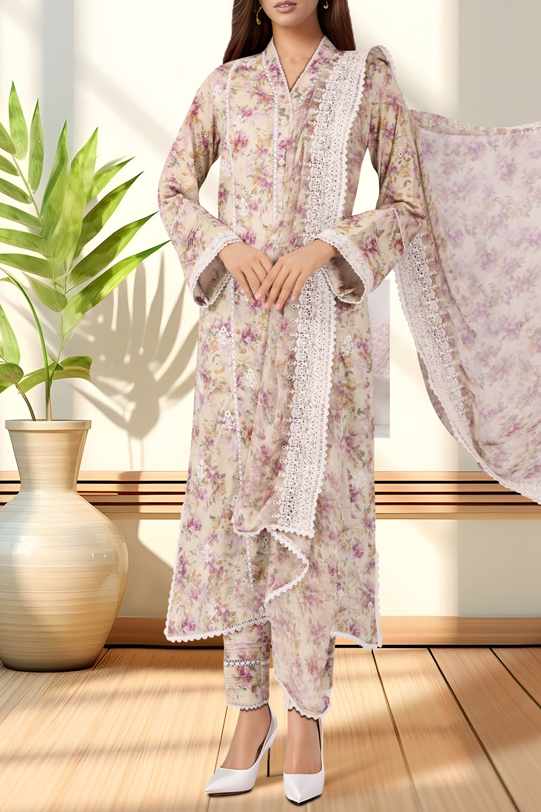 Unstitched Embroidered Self Jacquard 3 Piece With Chiffon Dupatta