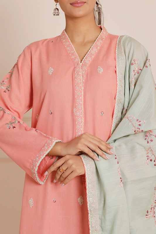 Solid Embroidered Cotton Viscose Stitched 3 Piece