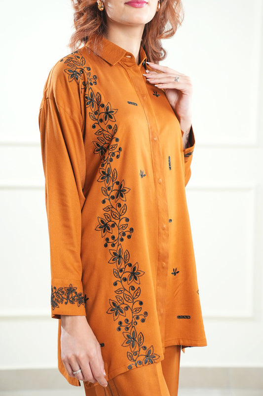 Solid Embroidered Dobby Crepe Stitched 2 Piece (Shirt/Trouser)