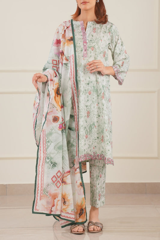 Printed Embroidered Cotton Jacquard Stitched 3 Piece